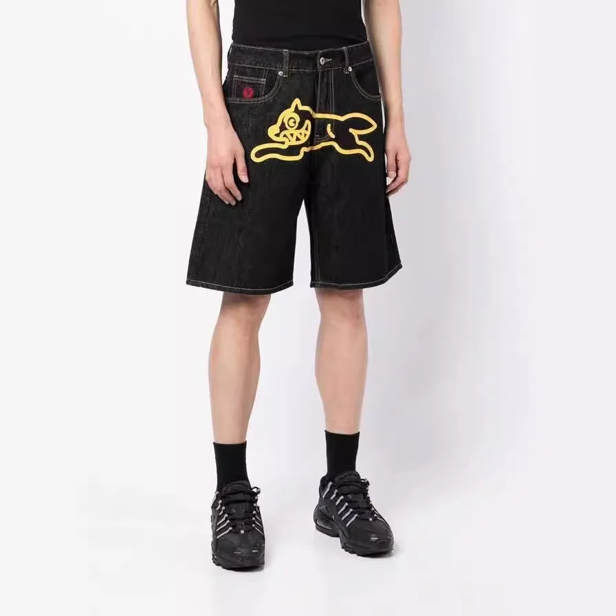 شورت جينز شبابي عصري بتصميم هيب هوب ريترو، ماركة عصرية، خمسة جيوب، طباعة كلب بي بي سي، فضفاض وأنيق #4