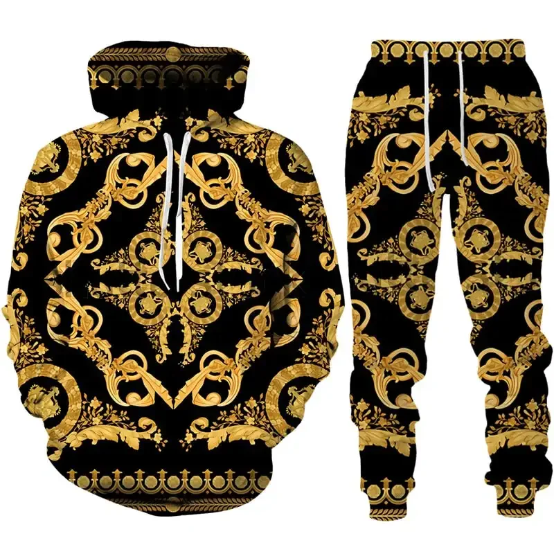 2024 Men's Hoodie Set Baroque Style Sweatsuit 3D Printed Crown Golden Chain Hoodie Sweatsuit Casual Men's Pullover Tracksuit Set