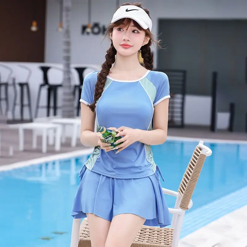 Elegant Fashion Harajuku Slim Fit Tops Women Loose Casual Sport All Match Sexy Split Style Swimsuit O Neck Short Sleeve Swimwear