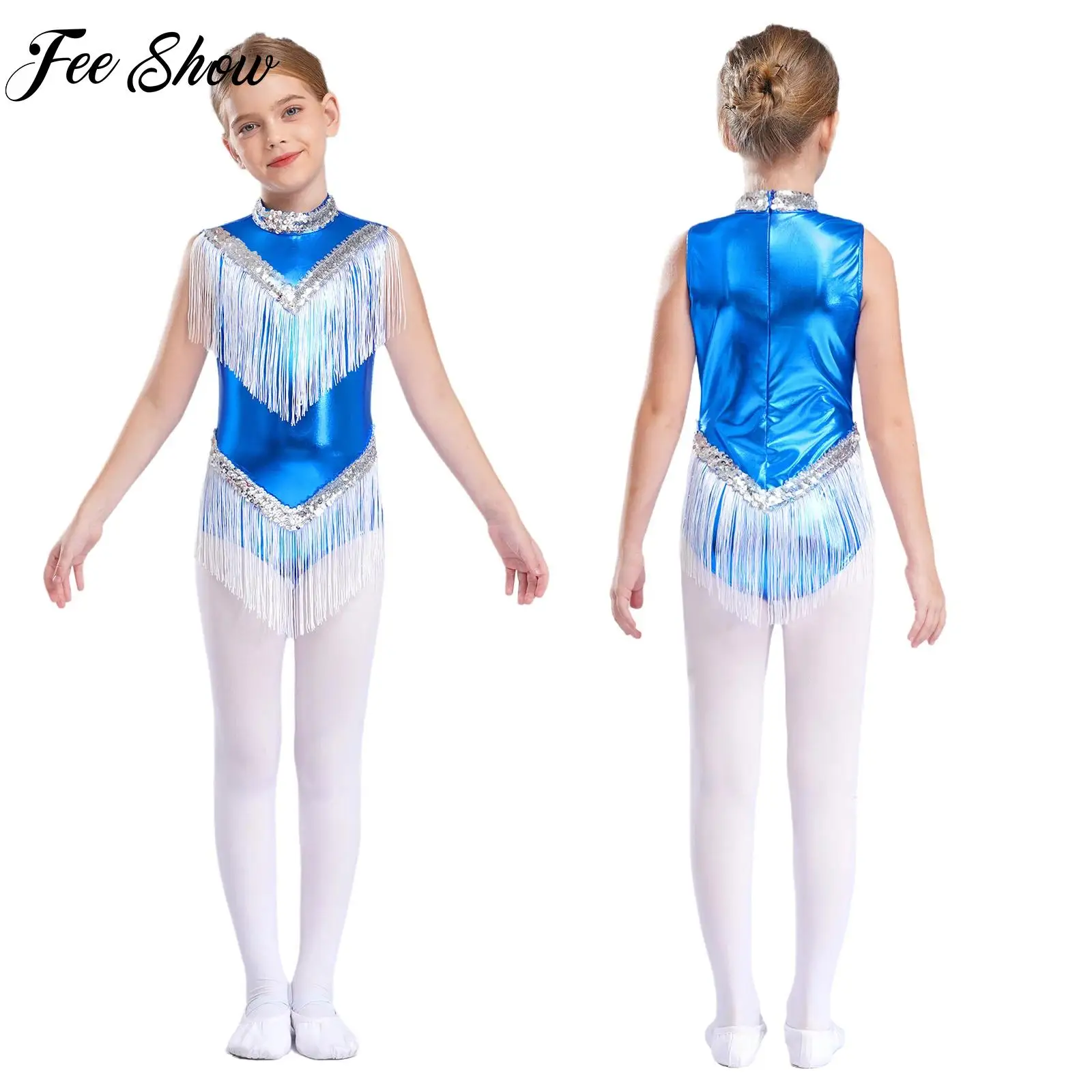 

Kids Girls Sleeveless Latin Tango Cha-cha Dance Dress Cheerleading Stage Costume Fringe Metallic Bodysuit Tassel Sequins Leotard