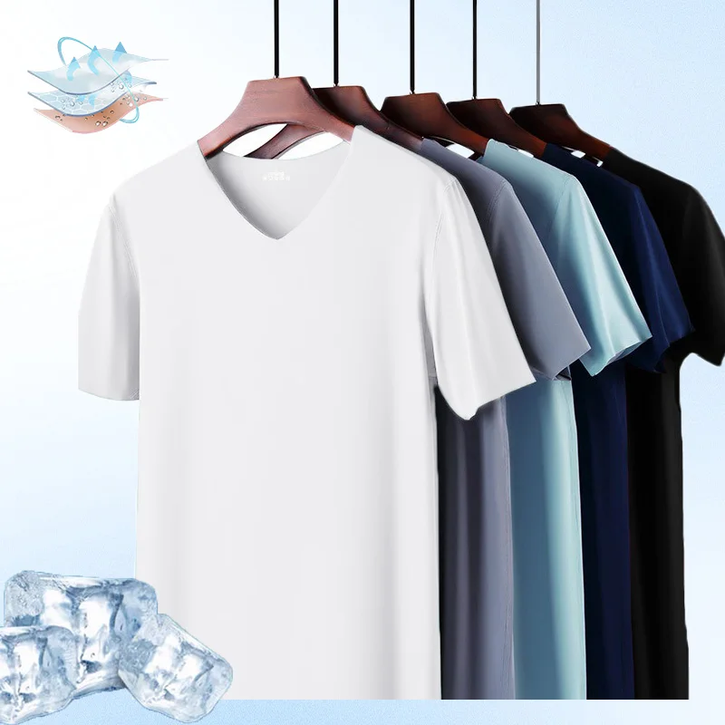 Sommer Herren Eisseide Kurzarm T-Shirt V-Ausschnitt Leicht Atmungsaktiv Schnell Trocknend Einfarbig Lässig Einfacher Stil Tops