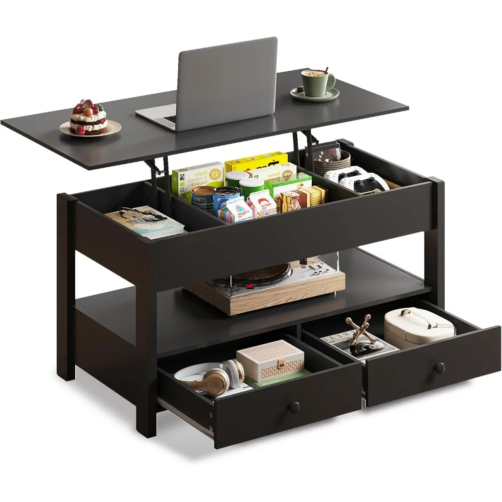 

Preferred Coffee Table, Lift Top Coffee Table with 2 Drawers, Large Storage and Open Shelf, Lift Tabletop for Living Room, Black