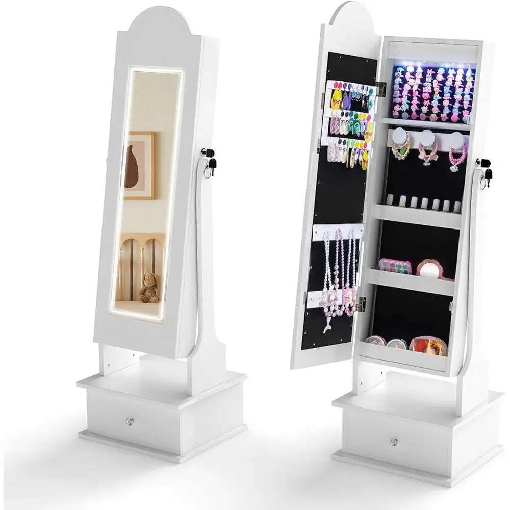 

Children's LED-lit Armoire Cabinet with Lockable Storage and Full-Length Mirror Vanity for Girls
