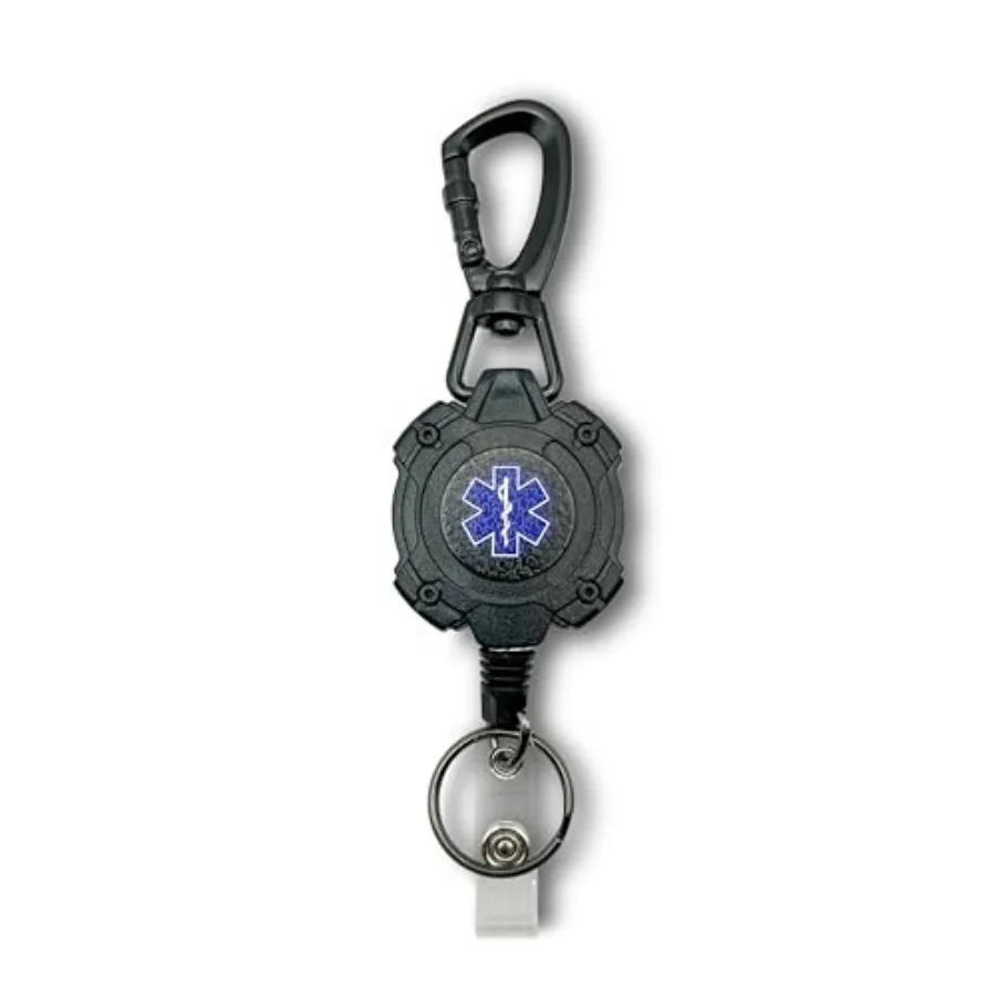 

EMS, EMT, Paramedic/Medic Heavy Duty Medical Badge Reel Star of Life. 360° Swivel Carabiner Clip. 32.5" Steel Cable/Rope with K