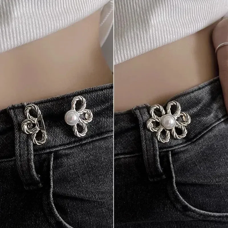 2pcs Flower Print Jeans Waist-Shrinking Gadget Pants, Small Adjustment Button, Waist Tightening Button, Adjustable Waist Button