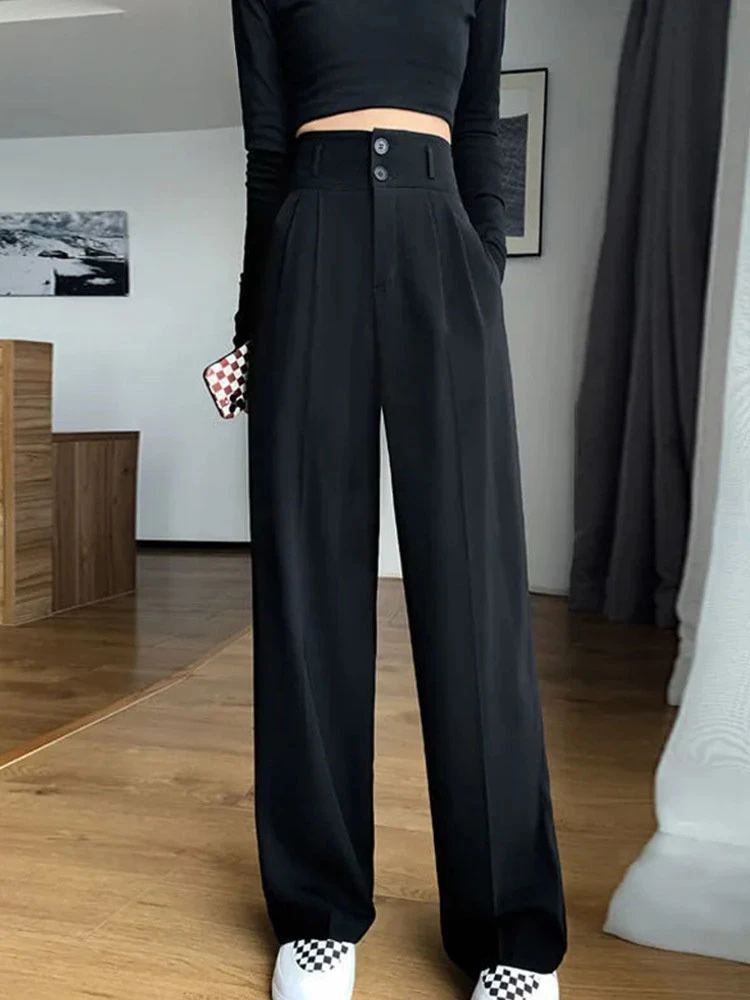 Black Suit Pants for Women Korean 2 Buttons Wide Leg Trousers Vintage Streetwear High Fashion Office Ladies Work Pants