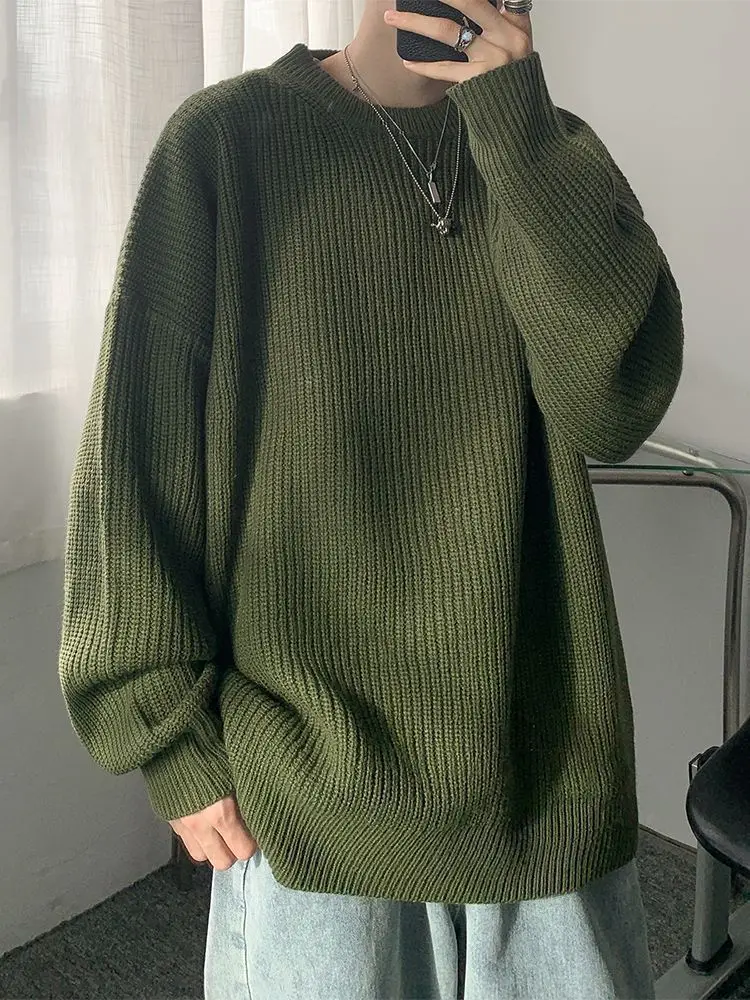 

202Thick Round Neck Knitted Sweater Solid Color Sweater Men's Autumn and Winter Japanese Trend Loose and Lazy Style Warm Sweater