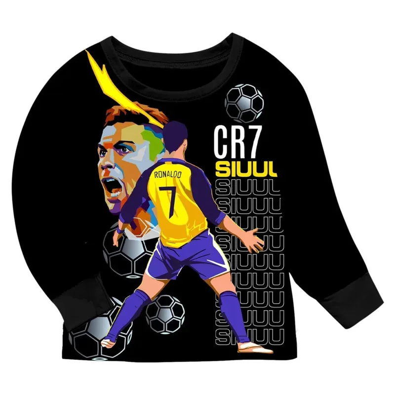 Roupas infantis menino meninas estrela de futebol pijamas camiseta calças 2 pçs confortável mangas compridas homewear siuuu cr7s crianças roupas