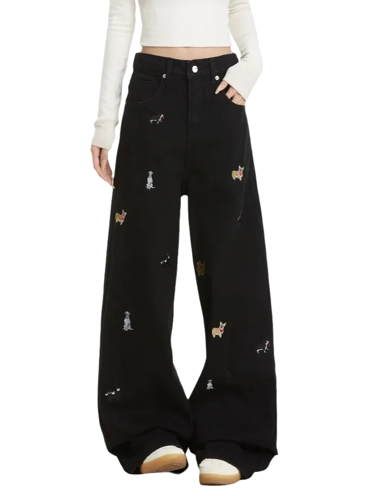 

Women's Embroidered Basic Denim Women Jeans American Retro Chic Straight Leg Slim Vintage Woman Jeans Casual Simple Pants Female