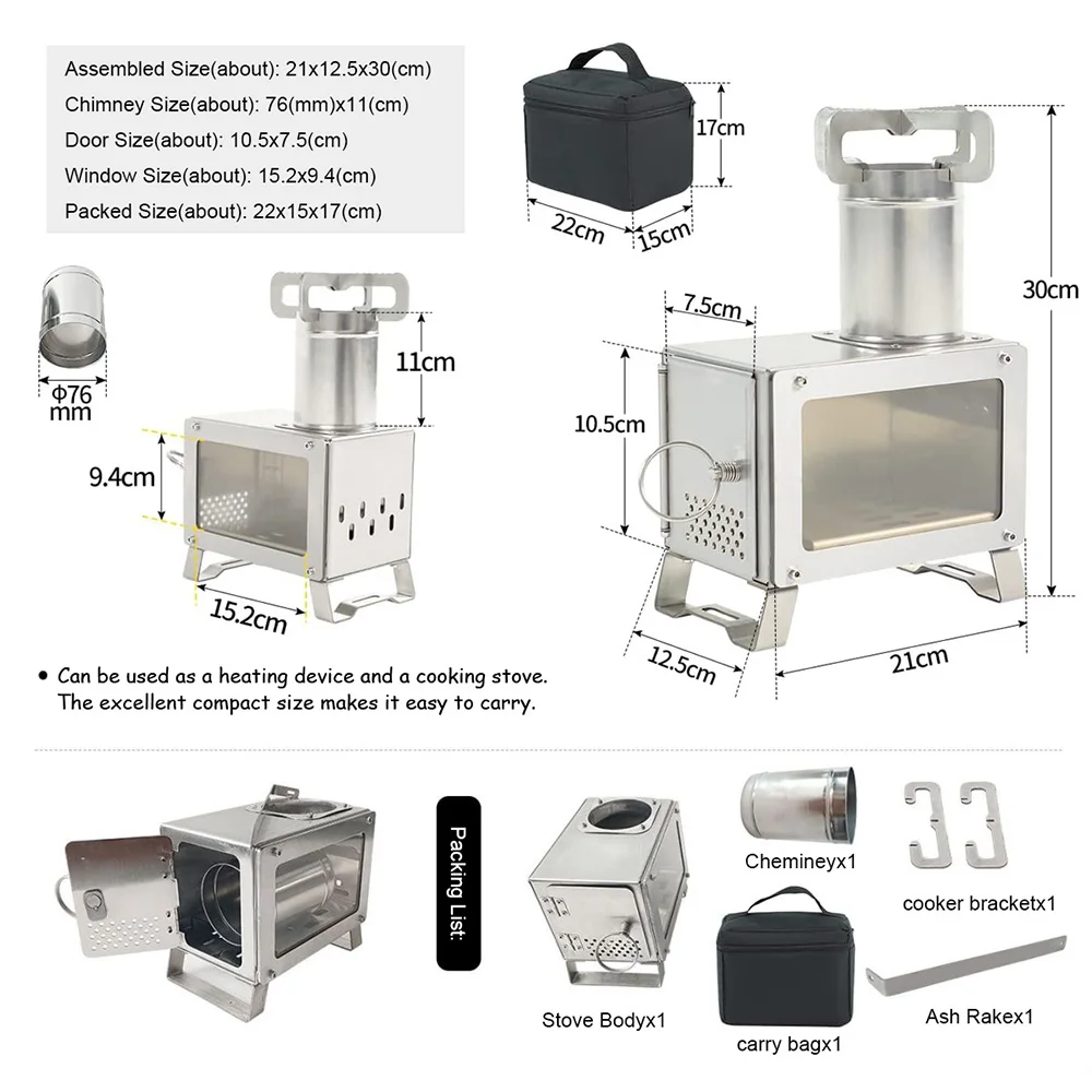 Soomloom-Fogão a Lenha, Aço Inoxidável, Compacto, Portátil, Tenda Solo Cozinhar, Fogão a Lenha, Mini Outdoor Camping Aquecedor