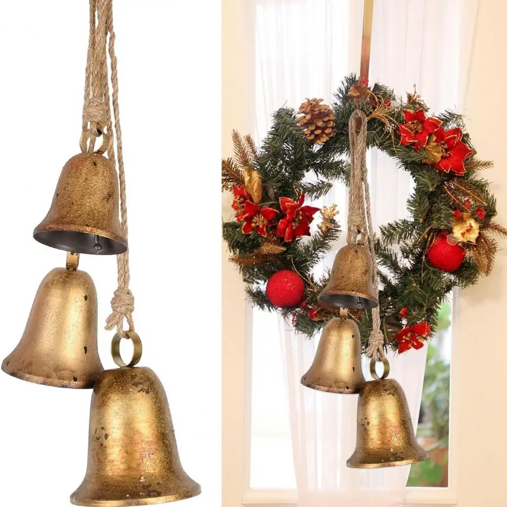 Bronze Hanging Bells Vintage Handmade Christmas Bells Set Metal Harmony Sound Bells for Indoor Outdoor Decoration Rustic Lucky