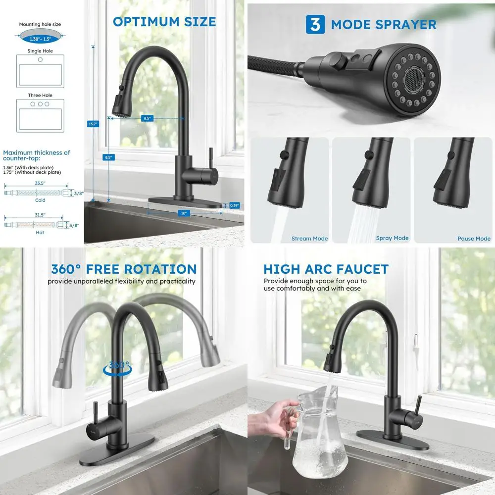 

Modern Stainless Steel Single Handle Pull-Down Spray Kitchen Faucet for 1 or 3 Hole Installations, Suitable for Farmhouse, Campe