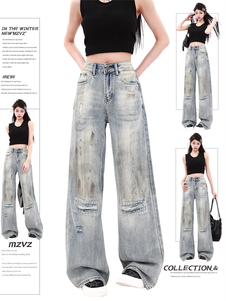 

WCFCX STUDIO Women's Retro Distressed Wide Leg Ripped Jeans Vintage Street Style Baggy Casual Trousers Female Loose Denim Pants