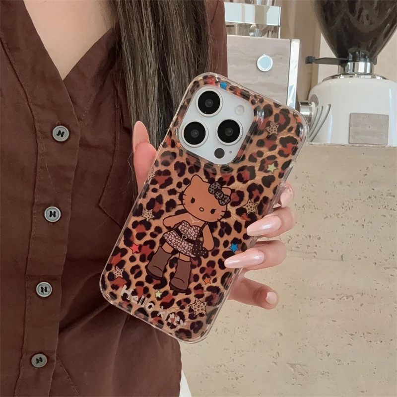 

Funny Cute Brown Hellokitty Leopard Print Phone Case For iPhone 17 Pro 15 14 16 Pro Max Kawaii Cartoon Shockproof Protective Cas