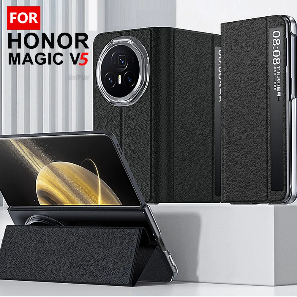 

Откидной чехол из натуральной кожи для Honor Magic V5, оригинальный магнит Smart Touch View, защита от пробуждения, сна, чехол-подставка для MagicV5