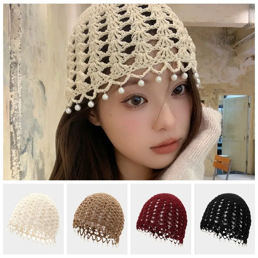 

Casual Sweet Crochet Hollow Knitted Hat Beads Tassels Hollow Out Knit Beanies Korean Bohemian Style Weave Cap Outdoor