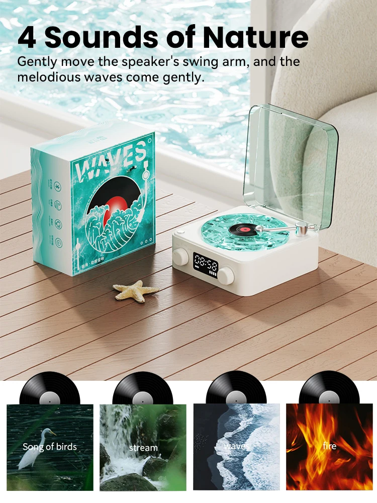 The Waves Vinyl Player Bluetooth Speaker White Noise Retro Turntable Speaker Sleep Aid Vitrola Shaped Speaker with RGB Light