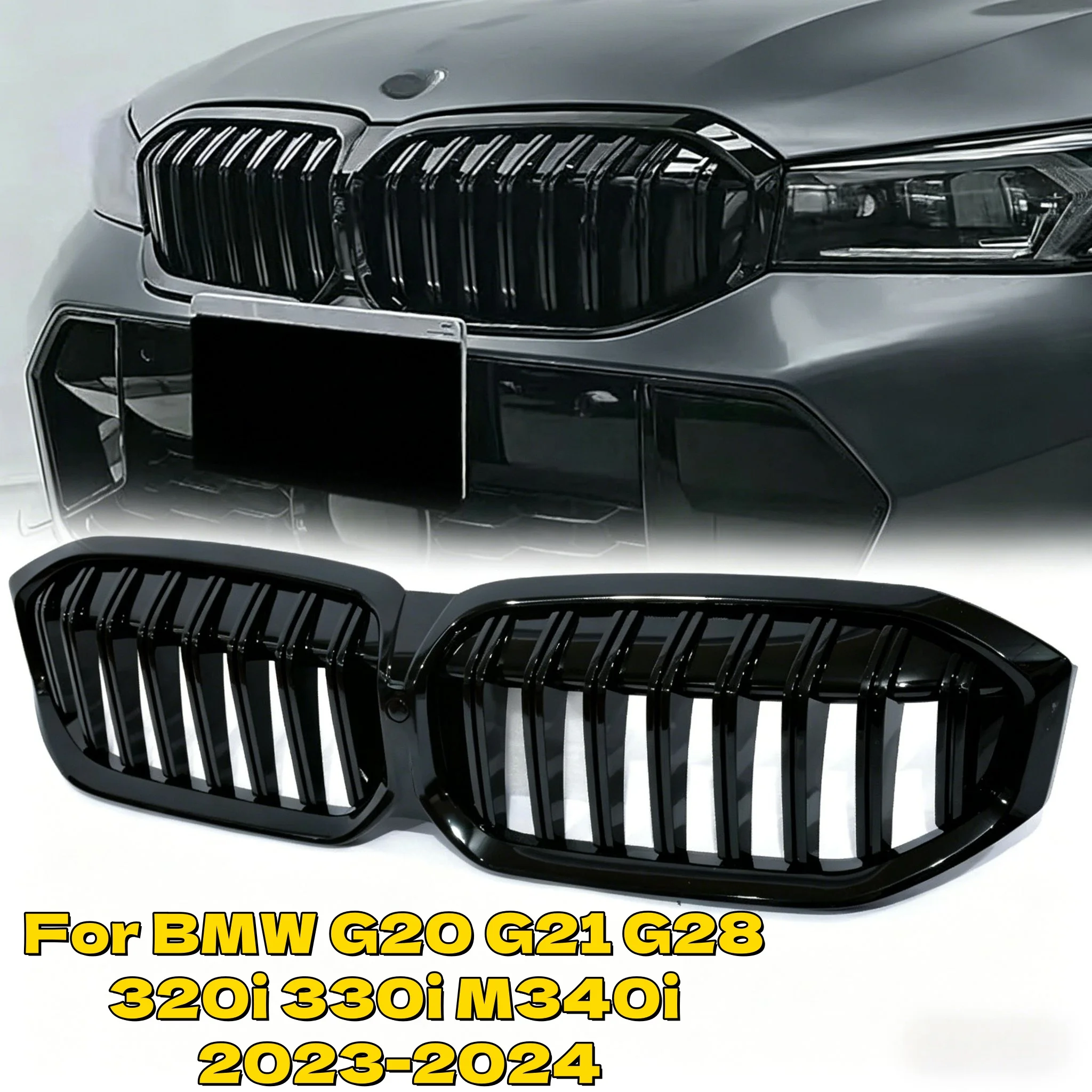 

For BMW G20 G21 G28 320i 330i M340i 2023-2024 Front Kidney Grille Single Line Replacement Grill Gloss Black