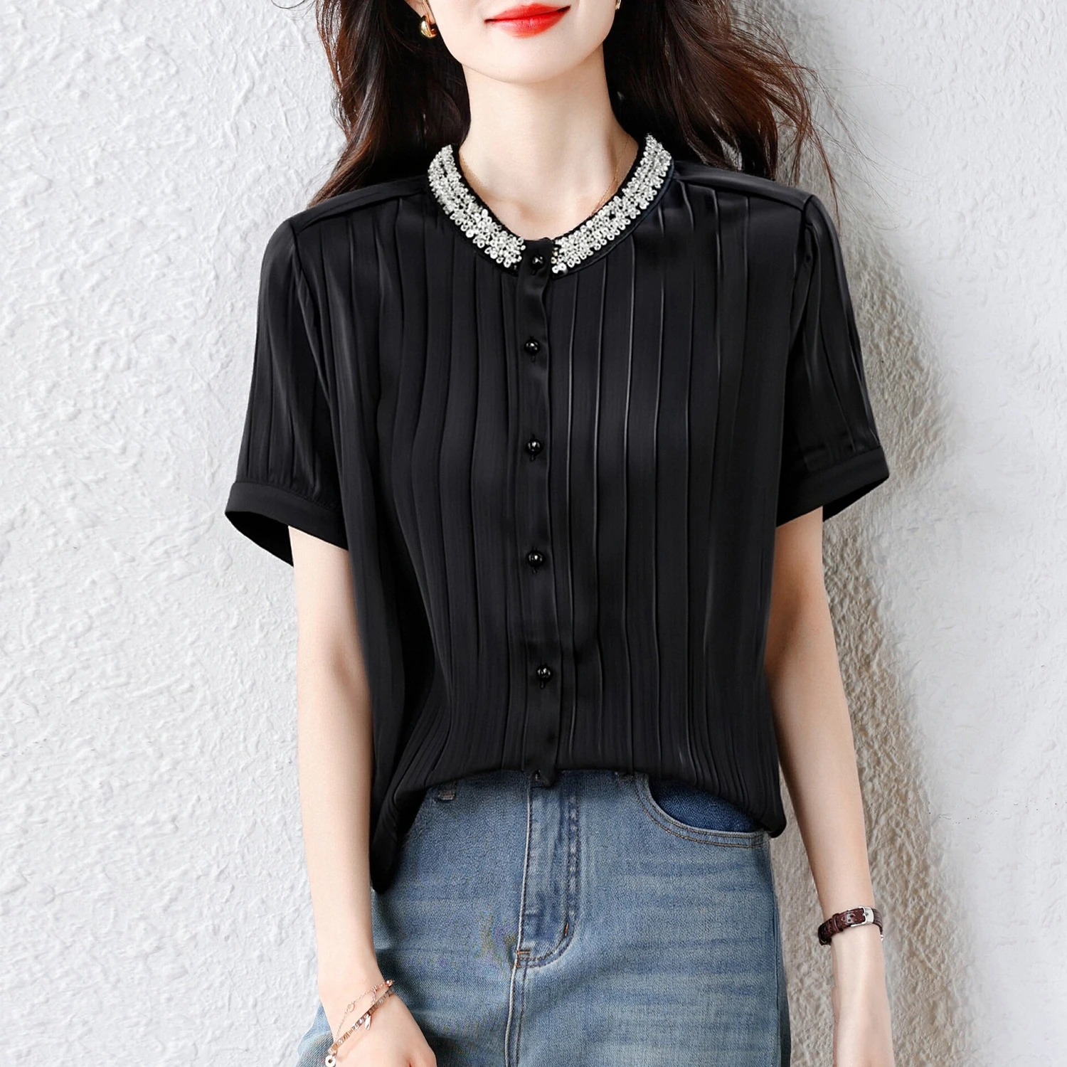 

2026 Summer Clothing New European Style Beaded Tops Short Sleeved Casual Shirt Slim Pleated Women Blouse