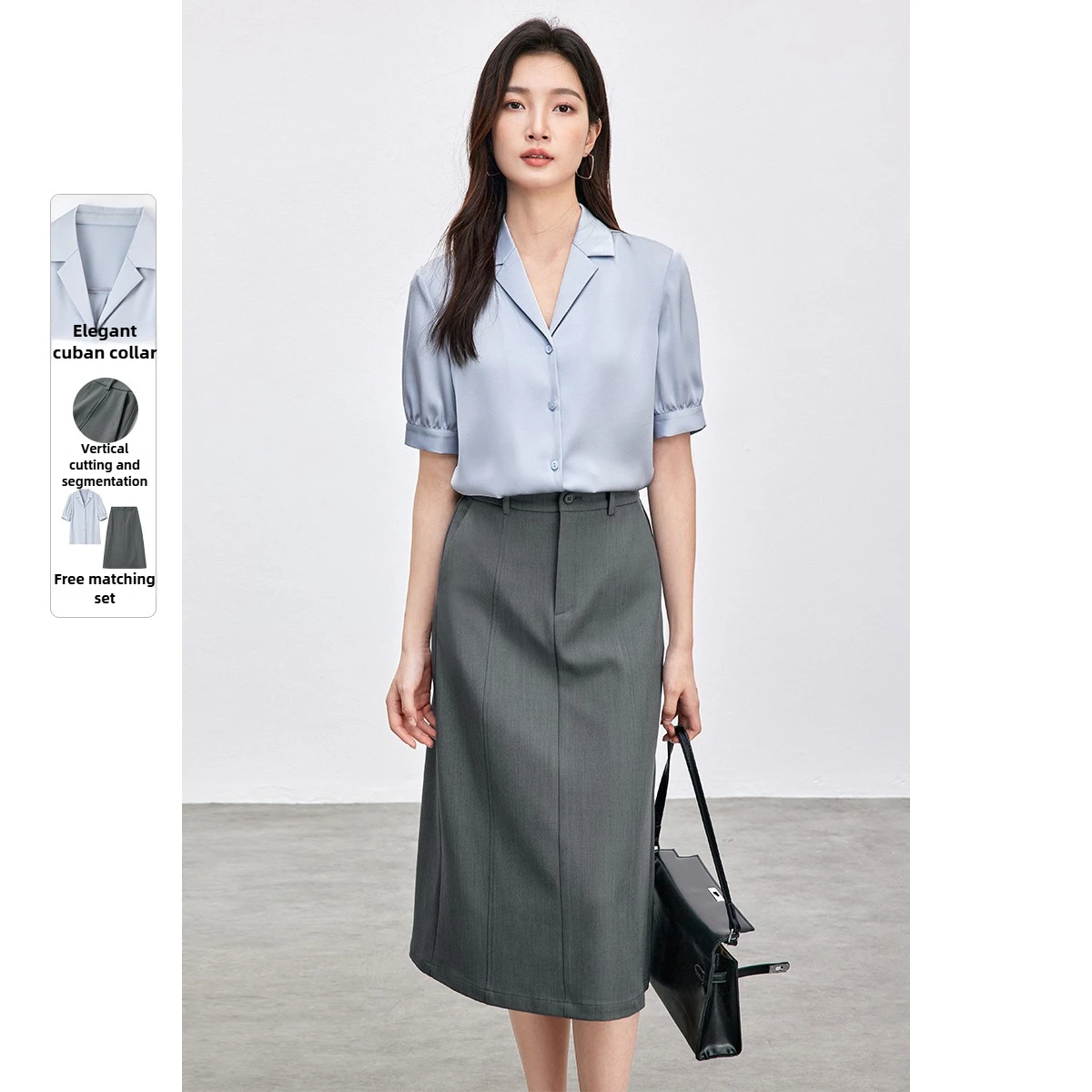 

SENTUBILA Woman Suit Set Formal for 2025 Summer Short Sleeved Blue Shirt A Line Gray Skirt Elegant Ladies 2 Pieces Set 152Z87932