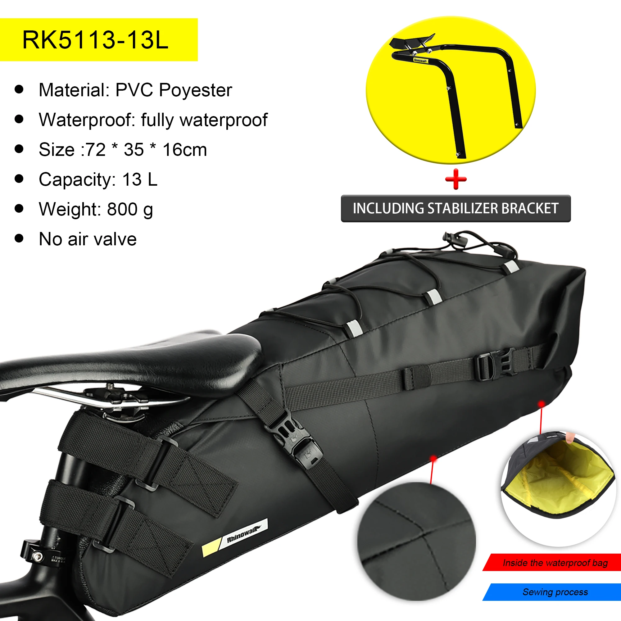 Rhinowalk Bicycle Saddle Bag Stabilizer Bracket 10L-13L Big Capacity Waterproof Cycling Bag Rack MTB Pannier Tail Rear Bag