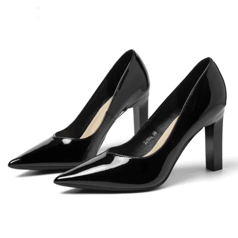 Black Patent Leather Women\'s Pumps 2024 Autumn New Comfortable Shallow Mouth Office Ladies Shoes Sexy Pointed Toe Chunky Heels