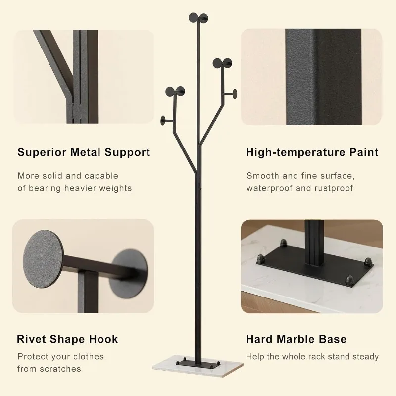 Appendiabiti resistente Albero appendiabiti autoportante in metallo a forma di albero con robusto appendiabiti angolare con base in marmo per ingresso camera da letto
