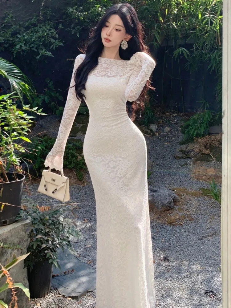 Sexy Lace Two-piece Solid Midi Dress Set Women Long Sleeve O-neck Slim Waist Bodycon Vestidos Autumn New Wedding Party Dresses