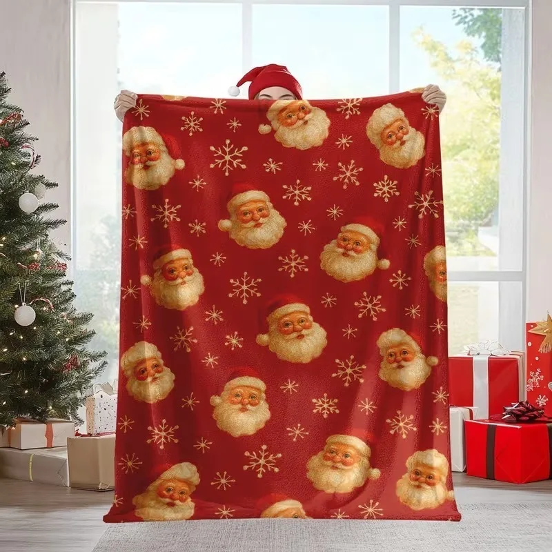 Christmas Throw Blanket Light‑Pink Background Santa Claus Reindeer Gift Box Snowflake Seamless Print Soft Decor Blanket
