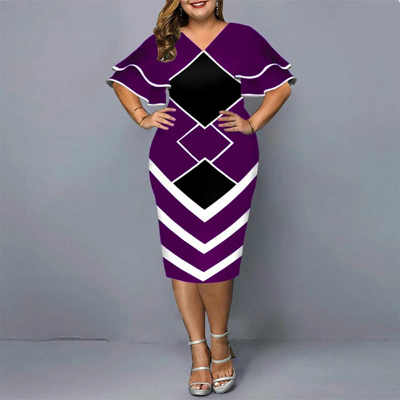 Summer Autumn Plus Size Fashion Elegant Design Package Hip Dress Women Ruffled Slim Geometric Dress Female Y2K Chic Party Dress