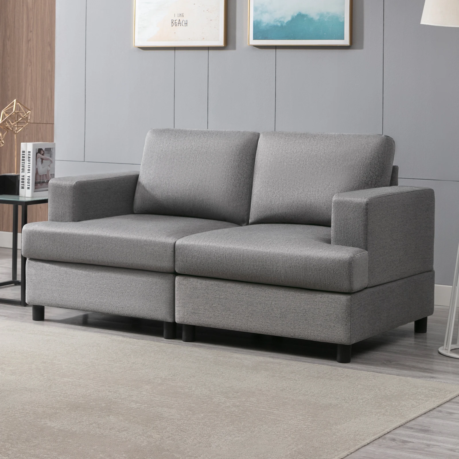 HORGAEO Loveseat，Linen Upholstered Round Arm Chairs with Accent Pillows, Comfortable Circle Club Sofa for Living Room