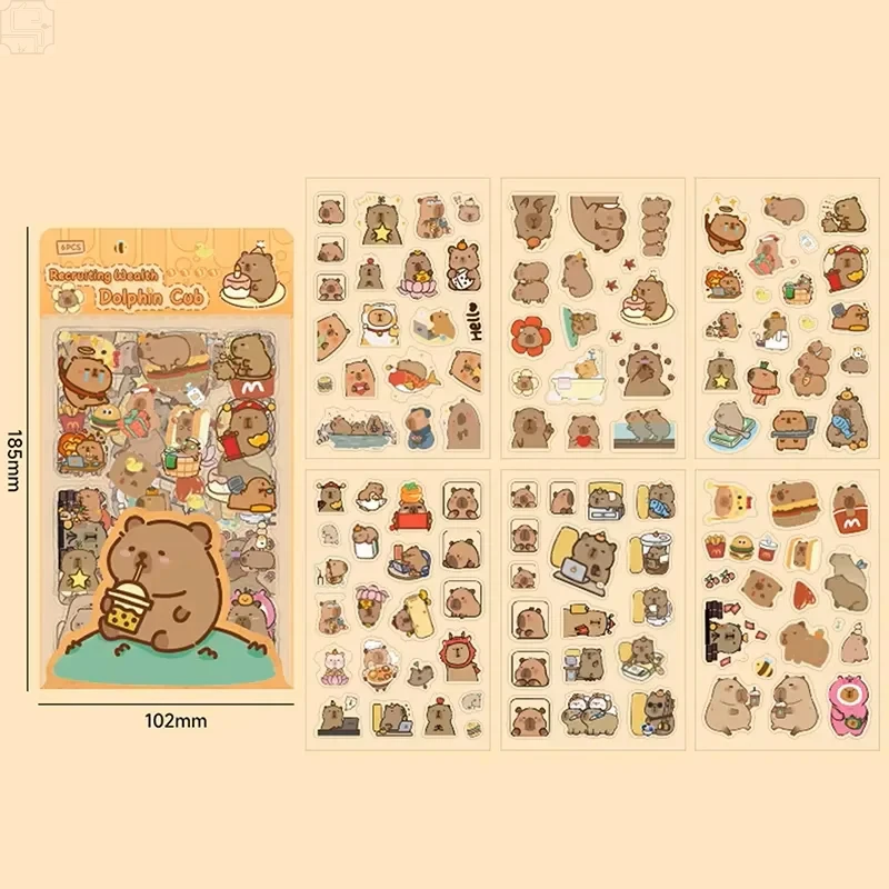 Kawaii Capybara Transparent Waterproof Stickers 6 Sheets Pack Cartoon DIY Diary Scrapbooking School Stationery Decoration