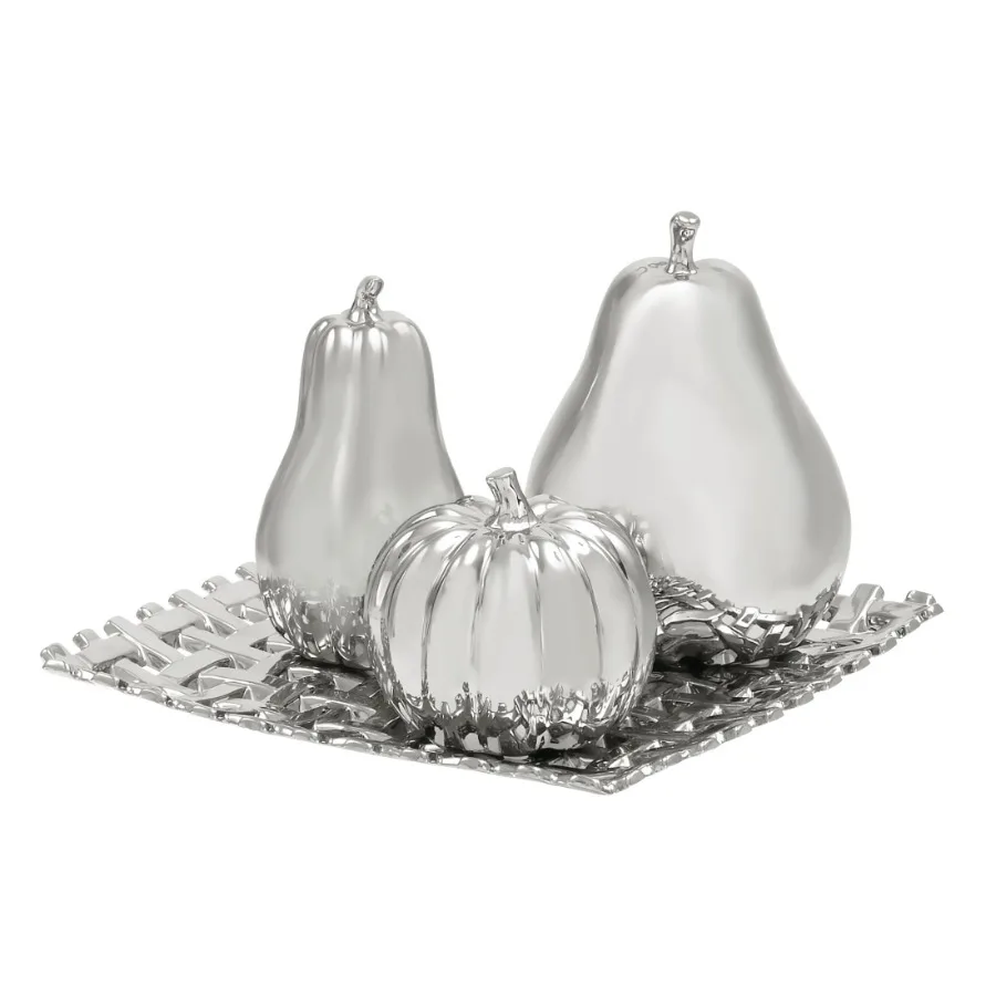 

12"W 9"H Silver Ceramic Pear Pumpkin and Squash Fruit Sculpture with Decorative Grid Plate by 4 Count