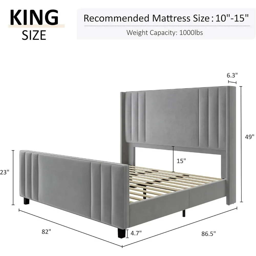 Velvet Upholstered Platform Bed With Vertical Channel Tufted Headboard & Footboard/Wingback King Size Bed Frame Double Beds Bunk