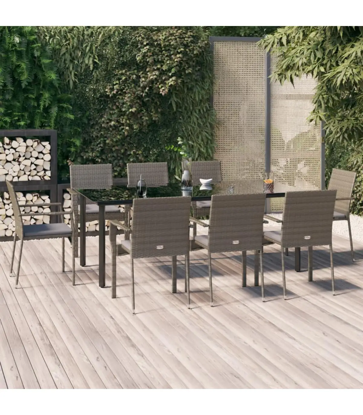 Garden sets garden dining room 9 PCs and cushions Black gray synthetic rattan