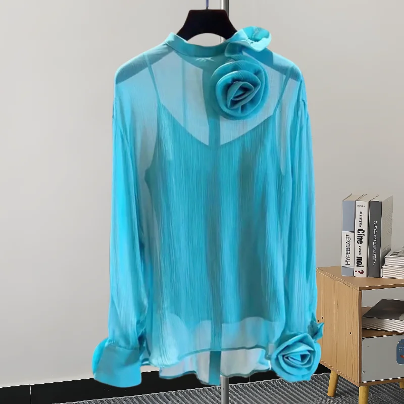 

Elegant Fashion Stand Collar 3D Flower Blouses Summer See Through Mesh Blusas Mujer 2025 New Long Sleeve Chiffon Shirt Women