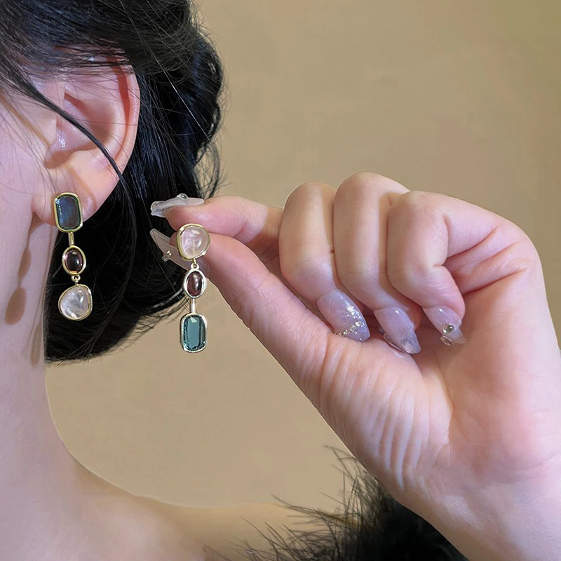 Trendy Asymmetric Stone Earrings For Women Silver Stud Medium Antique Dual-Tone…