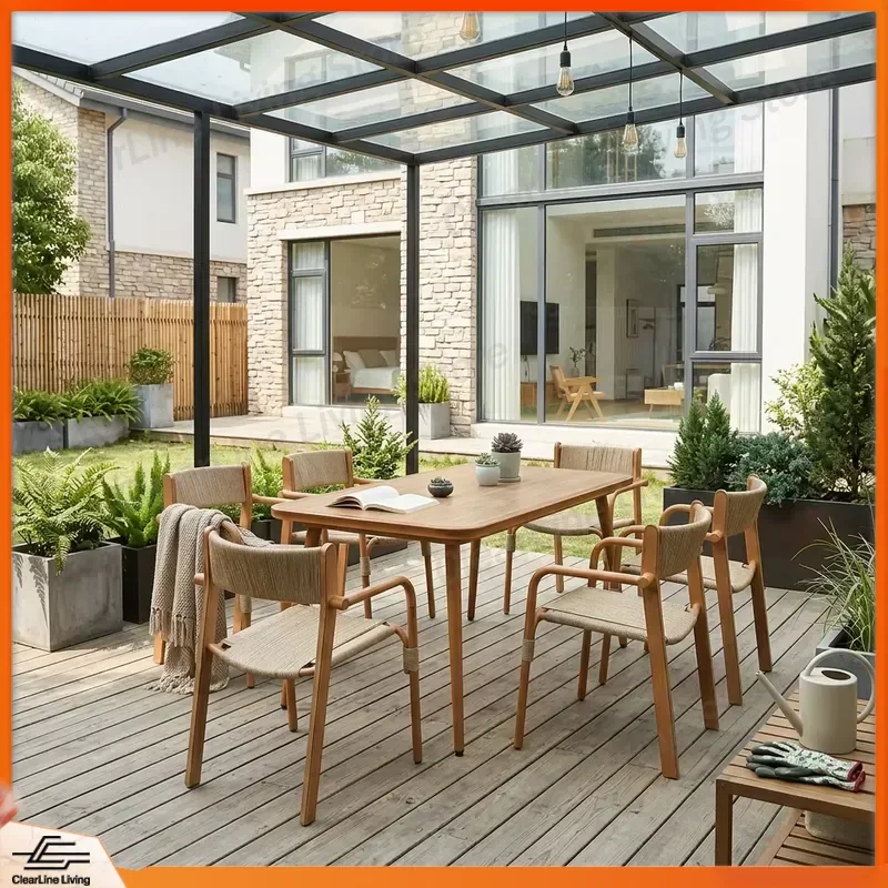 

Modern Aluminum Frame PE Rattan Outdoor Dining Table and Chair Set Waterproof UV Resistant Stackable for Terrace Balcony