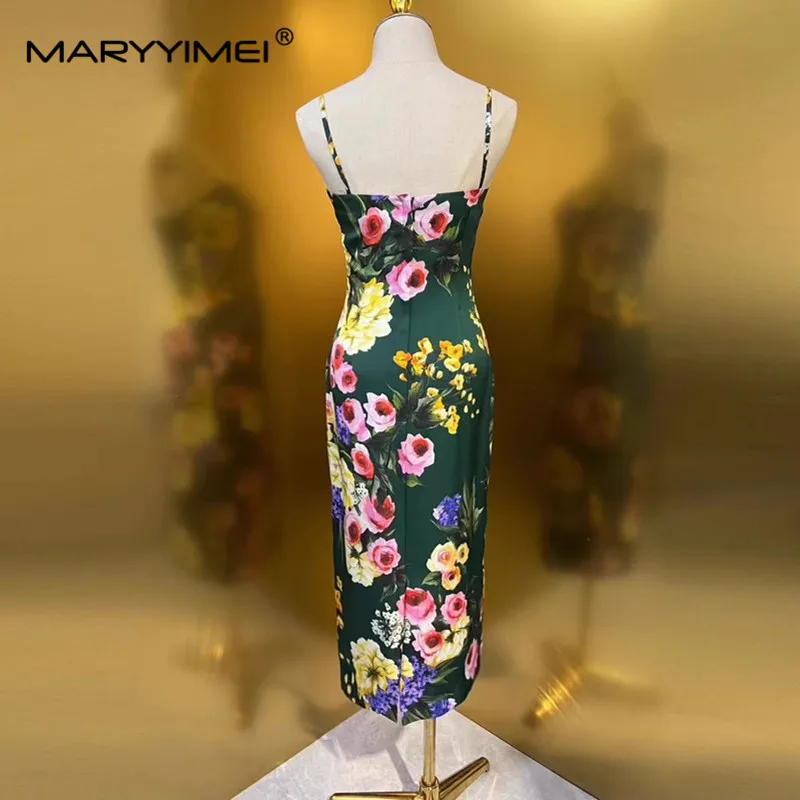 Maryimei New Fashion Designer women\'s 2024 Summer New Silk Spaghetti Strap Dress Sexy Floral Printed Split Hip Wrap Dress