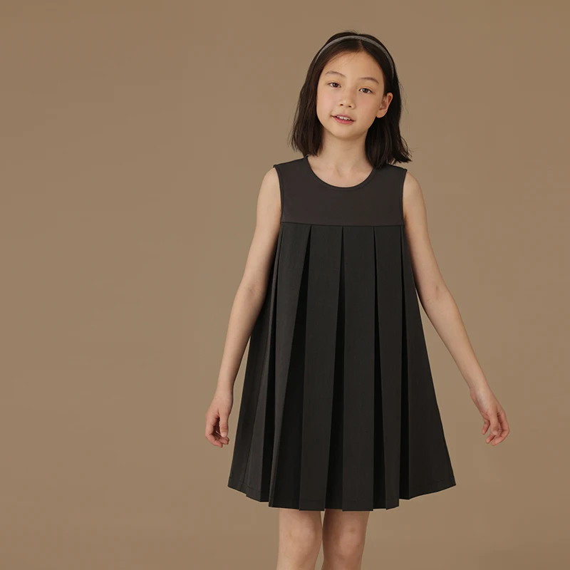 Female Child Clothes Girls Dresses Children's Dark Gray Dress Summer Dress School Sundress Girl Pleated Skirt Casual Formal