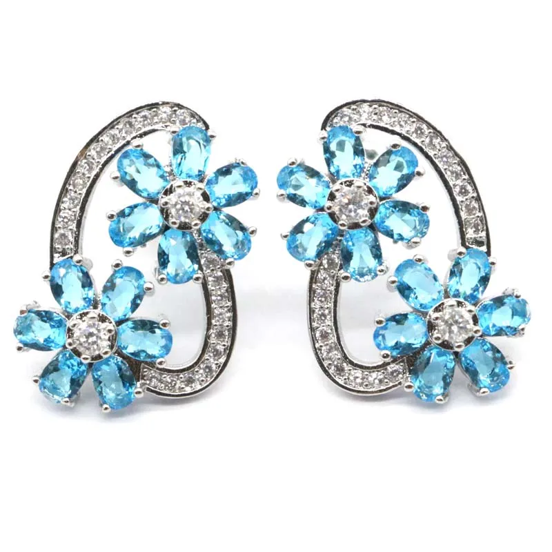 

24x18mm Princess Cut Created Swiss Blue Topaz London Blue Topaz White CZ Fashion Jewelry Silver Earrings Eye Catching