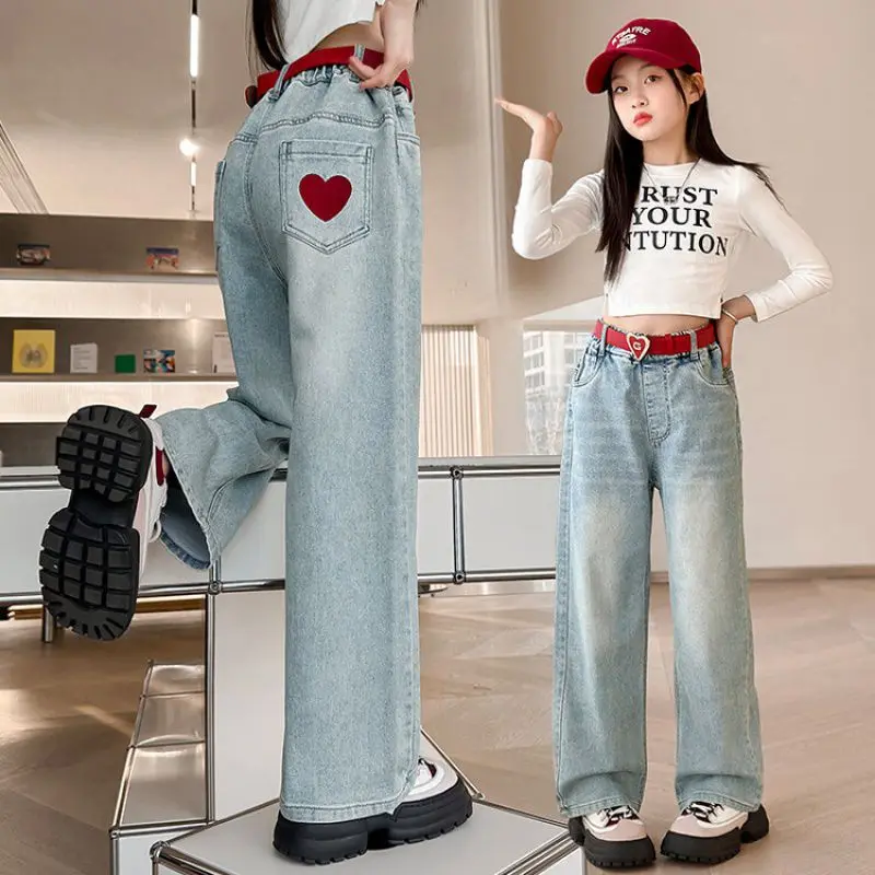 2024 New Fashion Teenager Girls Denim Pants Children Trousers Spring Autumn Girls Wide Leg Jeans 6 8 10 12 14 Years Kids Clothes