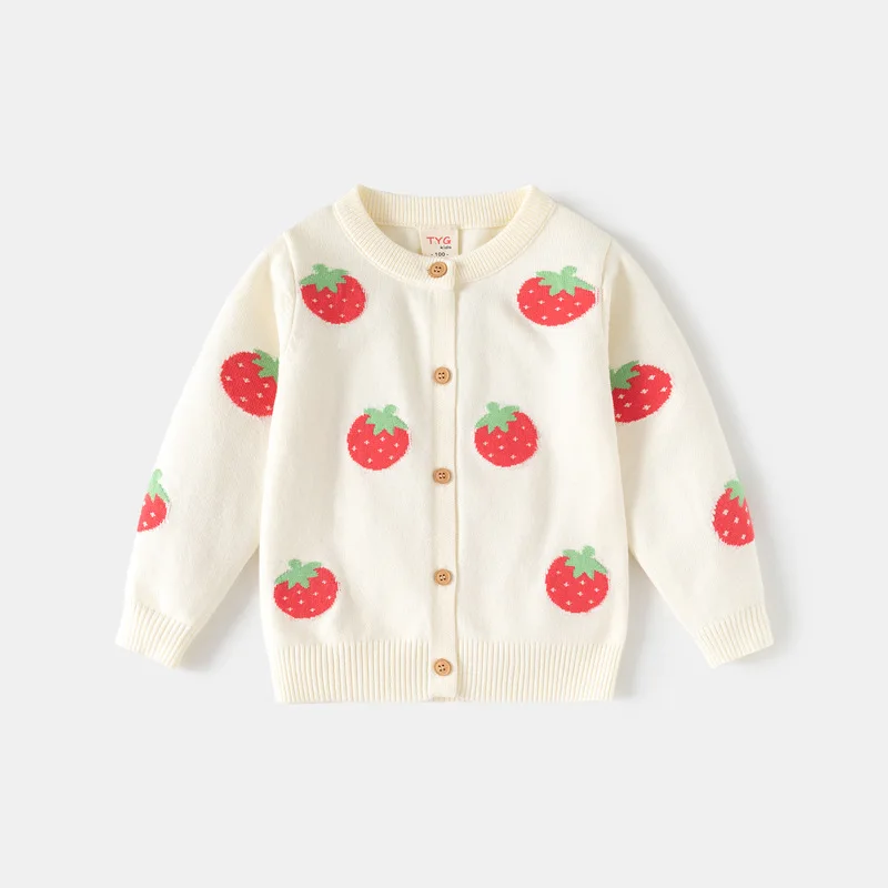2-8T Toddler Girls Sweater Cardigan Strawberry Print Knit Top Warm Winter Clothes Crew Neck Knitwear Long Sleeve Knit Coat