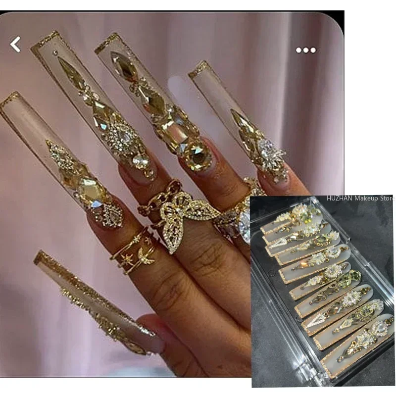Luxury 10PCS Handmade XXXL Long Press On Nails Acrylic Bling Rhinestone Thick False Nail Tips Stickers Woman Fake Nail Supplies