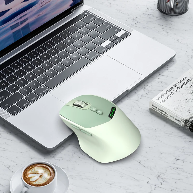Mouse sem fio T02 Pro com display OLED, conectividade dupla Bluetooth e USB, design silencioso, suporte para vários dispositivos para PC/Lapto