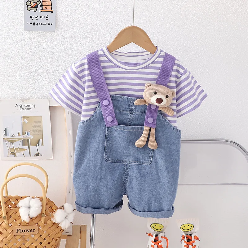 Children's Korean version set of girls' summer striped short sleeved+three-dimensional bear strap denim shorts two-piece set0-5Y