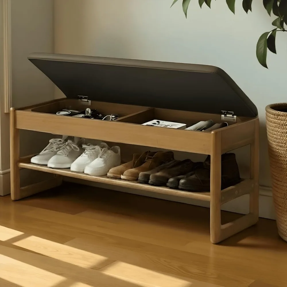

39.4 Large Size Acacia Wood Entryway Shoe Rack Bench with Cushion, 2-Tier Flip-Top Hidden Storage for Hallway, Living Room (Colo