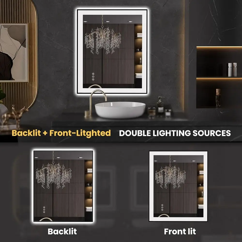 مرآة حمام LED مضادة للضباب مع إطار أسود، وإضاءة عكس الضوء، وزجاج مقسى، ووظيفة الذاكرة #5