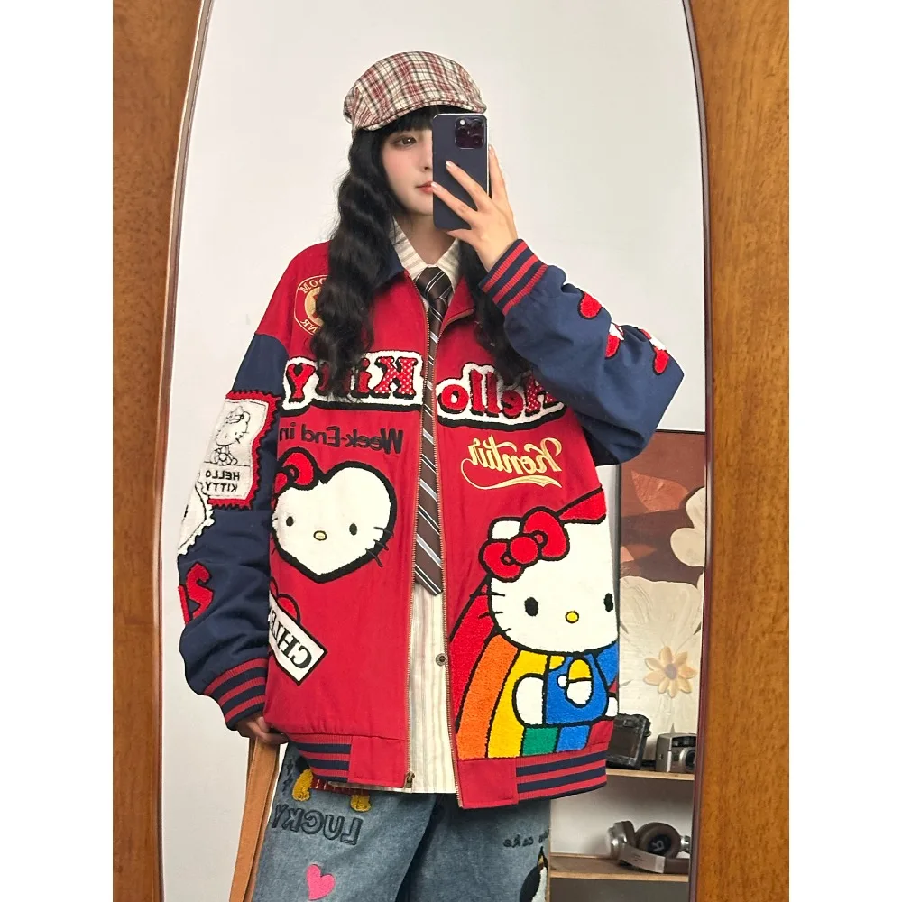 

Miniso Original Embroidery Fun Kitty Cat Baseball Jacket Women's Autumn Loose Jacket Top