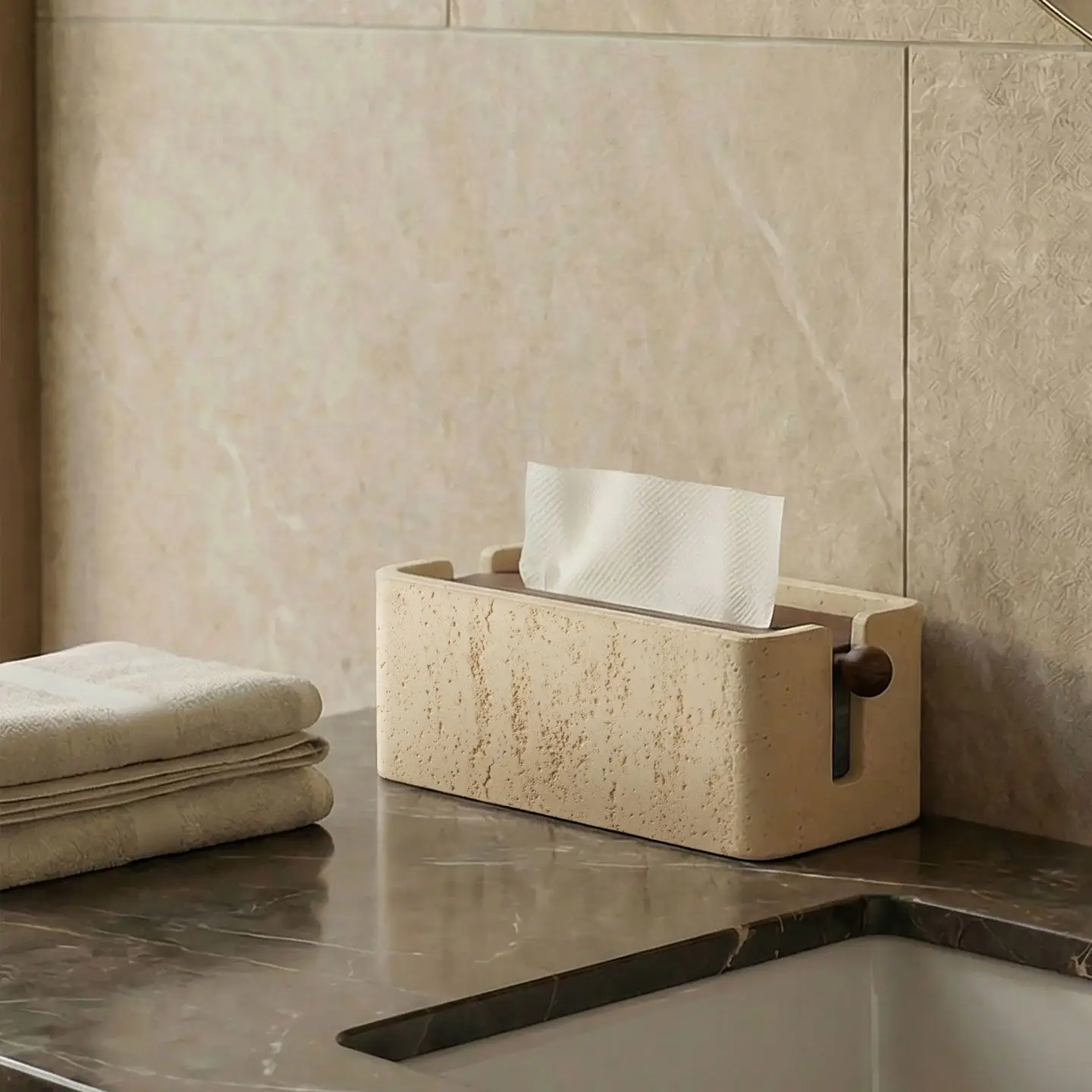 Beige Travertine Texture Tissue Box Holder, Rectangular Desktop Tissue Dispenser with Wood Knob, Decorative Tissue Case for